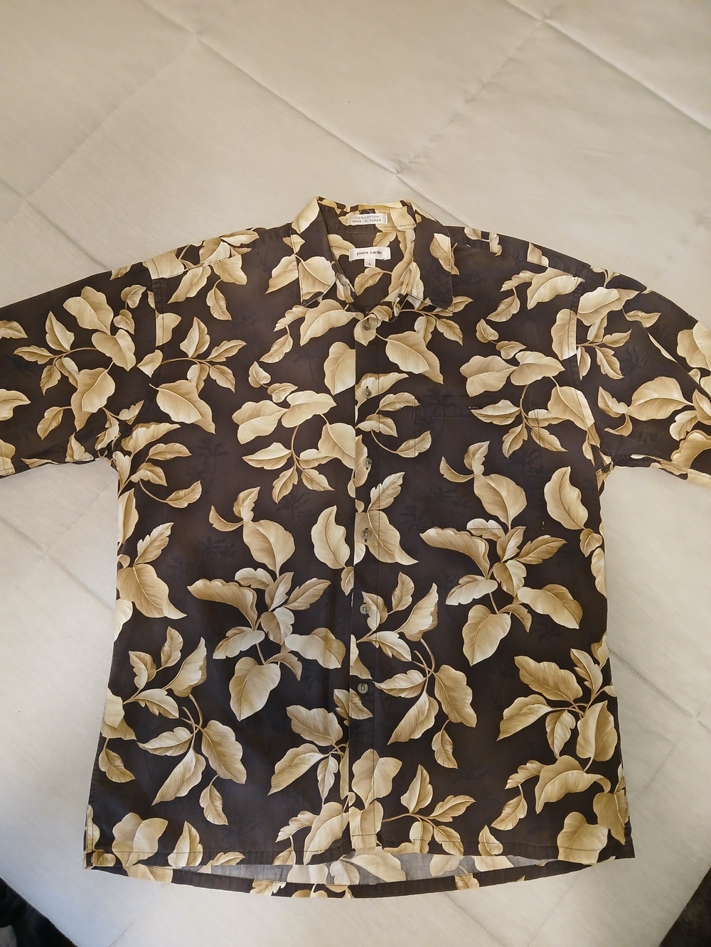Men's Black & Cream Leaf Print Short-Sleeve Shirt L [129]